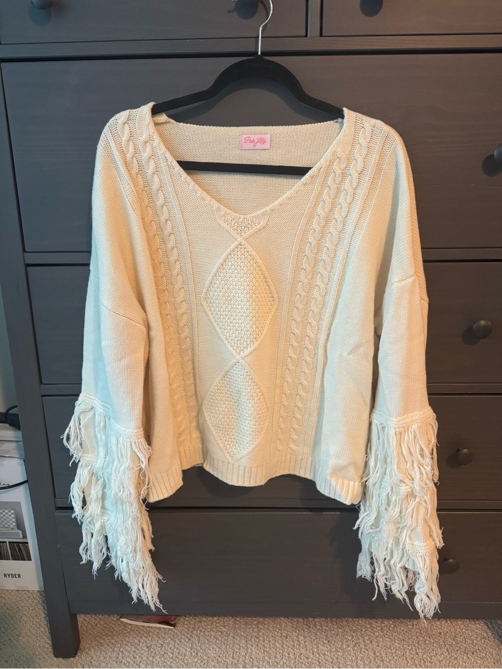 Pink Lily Cream V-Neck Cable Knit Fringe Sweater